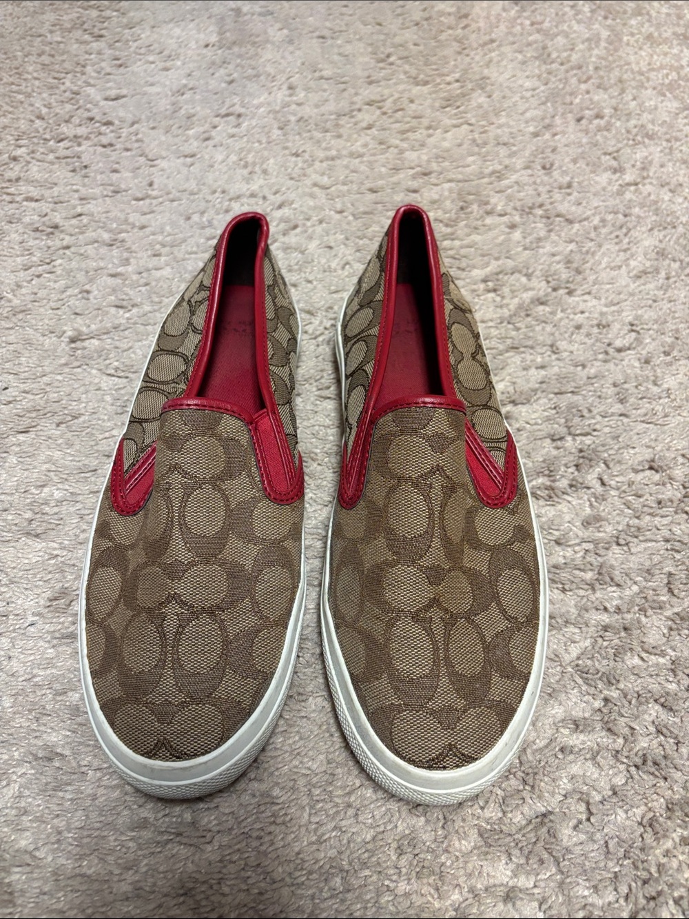 Coach Brown Signature Canvas Slip-On Sneakers with Red Trim